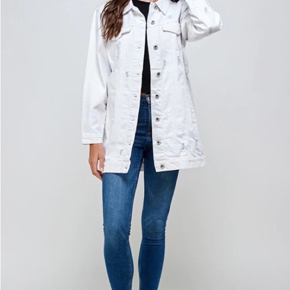 Giraffe Bling Oversized Distressed White Denim Midi Jacket - Picture 12 of 13